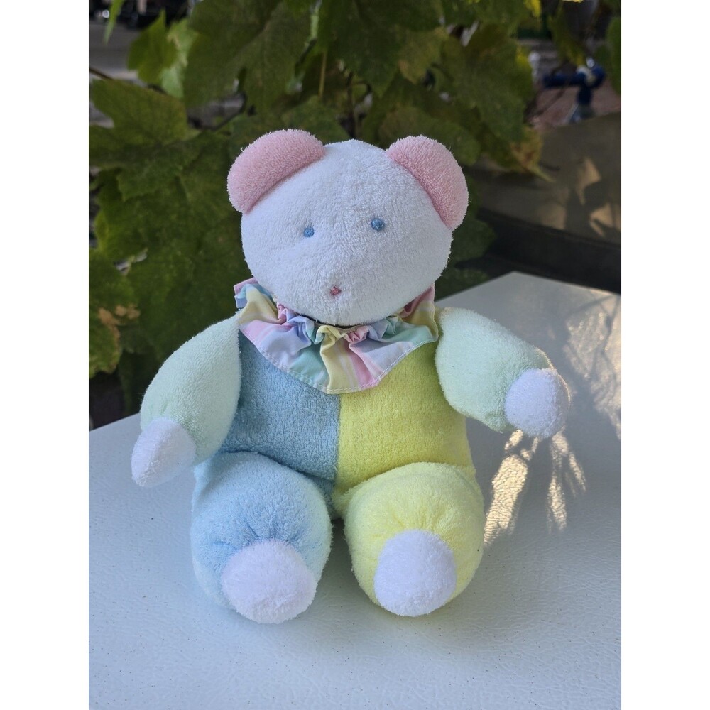 Vintage Eden Terry Cloth Clown Bear Plush Pastel Ruffle Collar